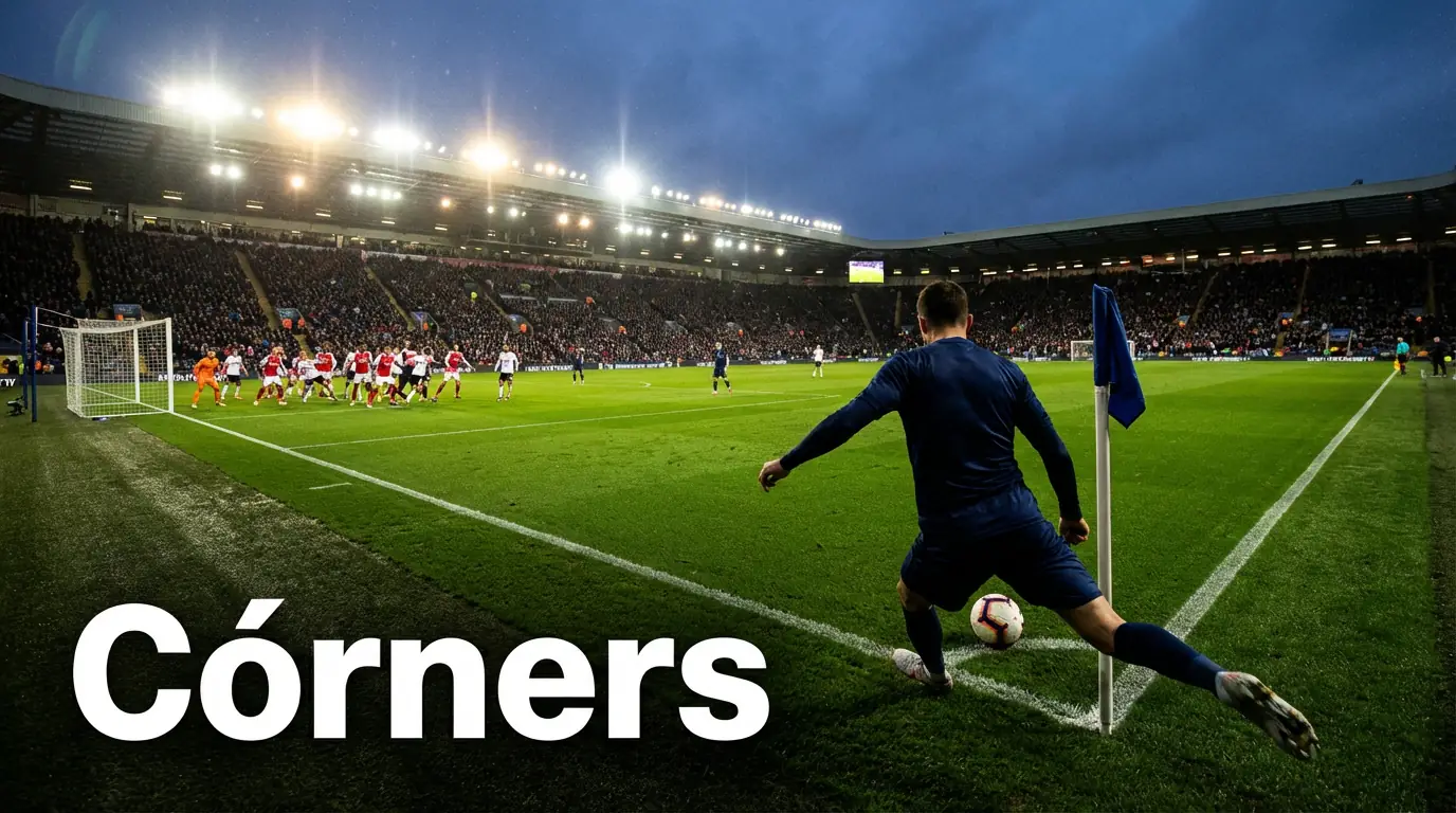 Jugador de fútbol ejecutando un saque de esquina en un campo profesional