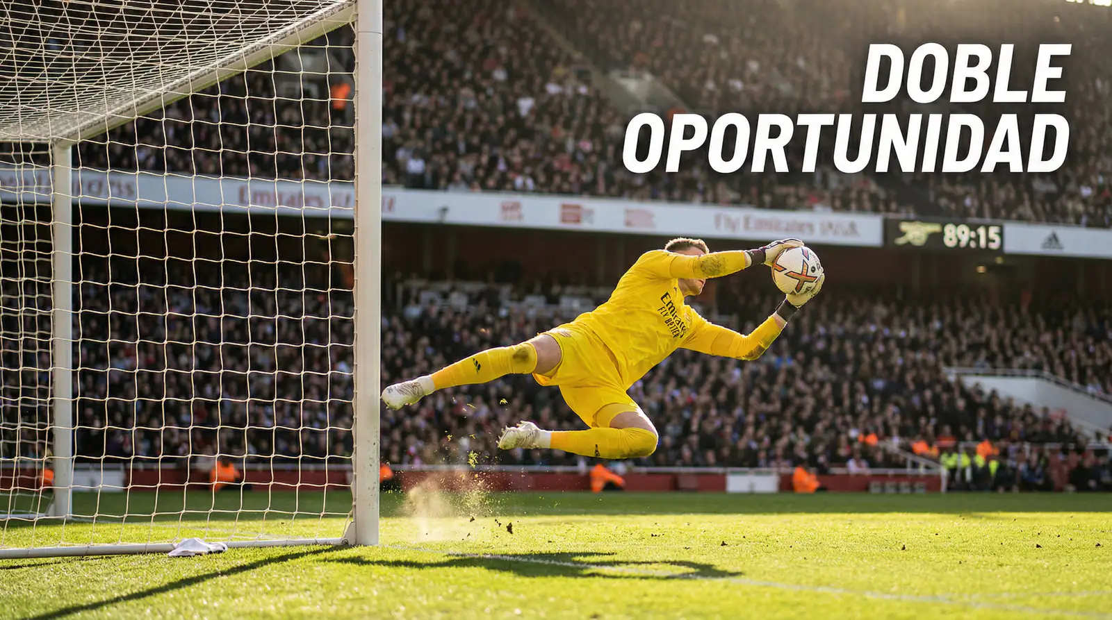 Portero de fútbol atrapando el balón en una parada decisiva durante un partido