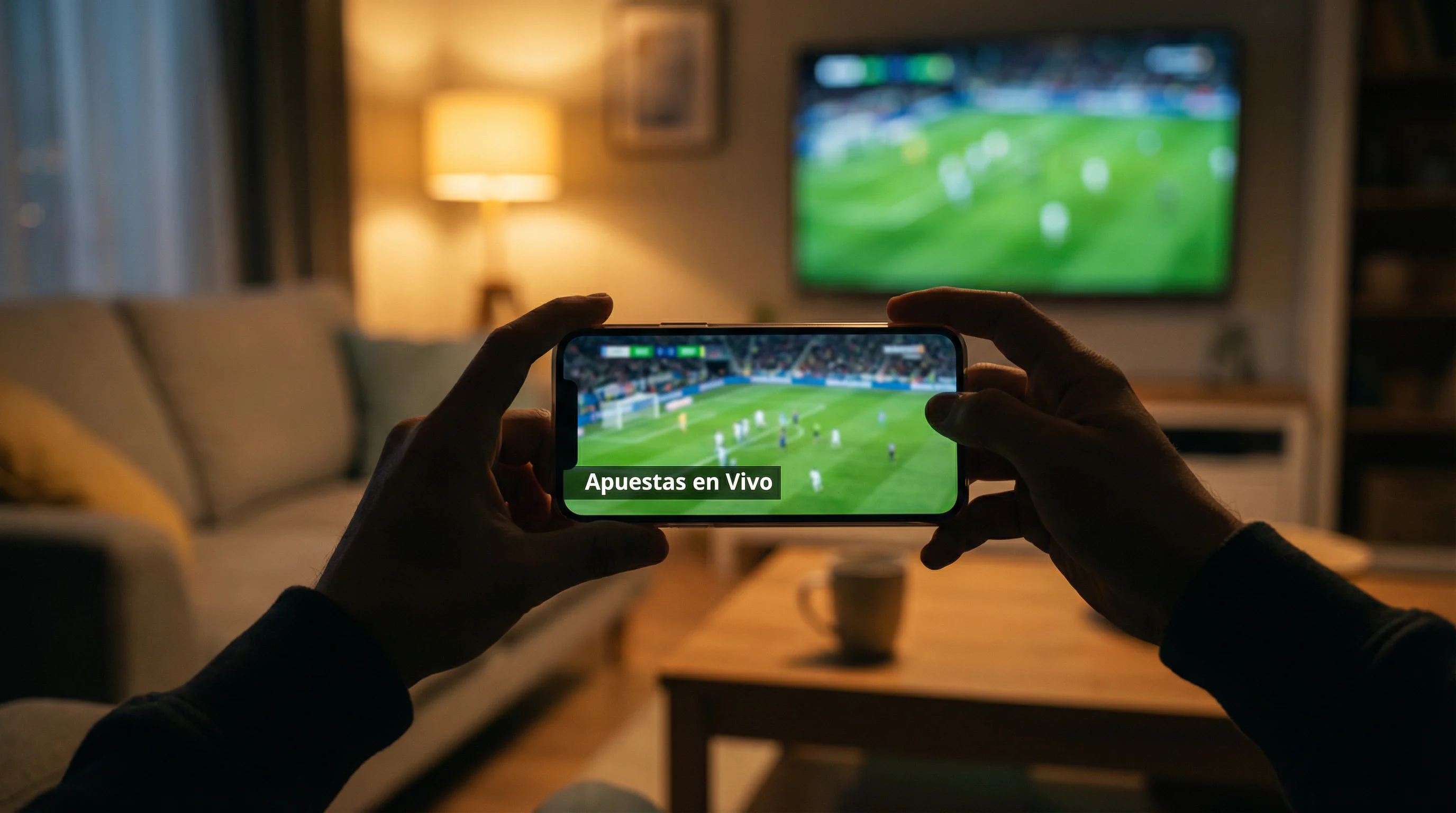 Persona siguiendo un partido de fútbol en directo en su teléfono móvil