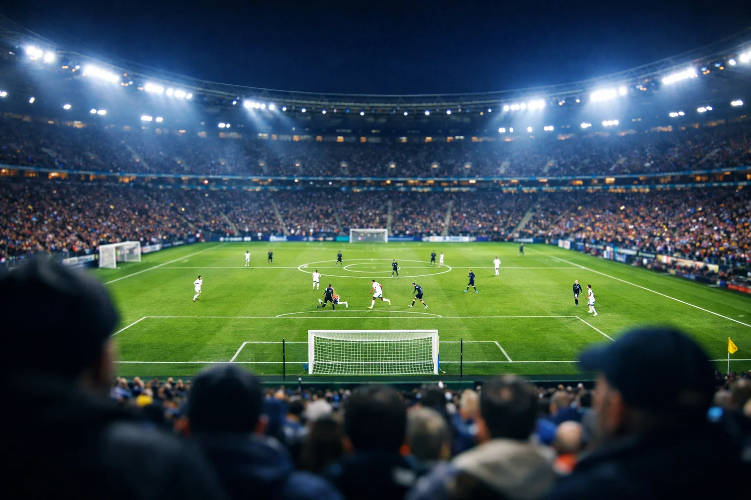 Aficionados viendo un partido de fútbol en directo en estadio con ambiente nocturno