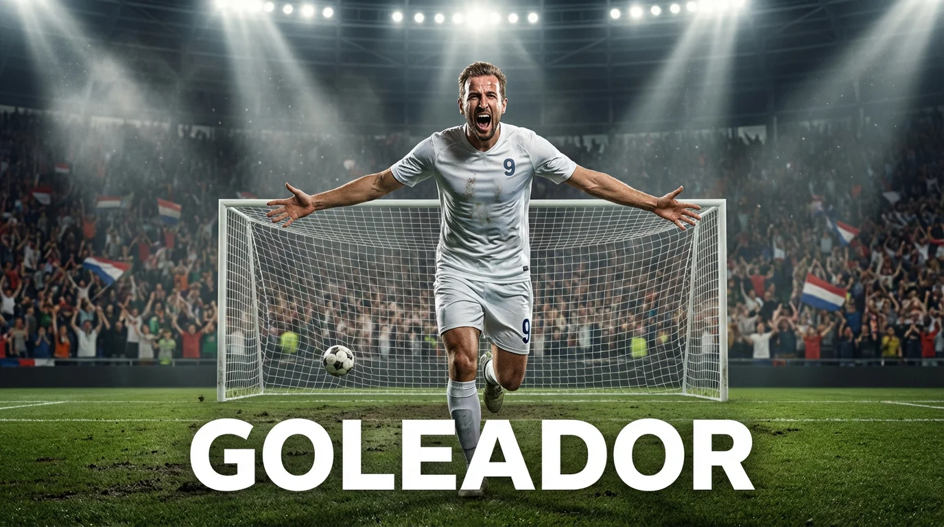 Delantero de fútbol celebrando un gol frente a la portería en un estadio lleno