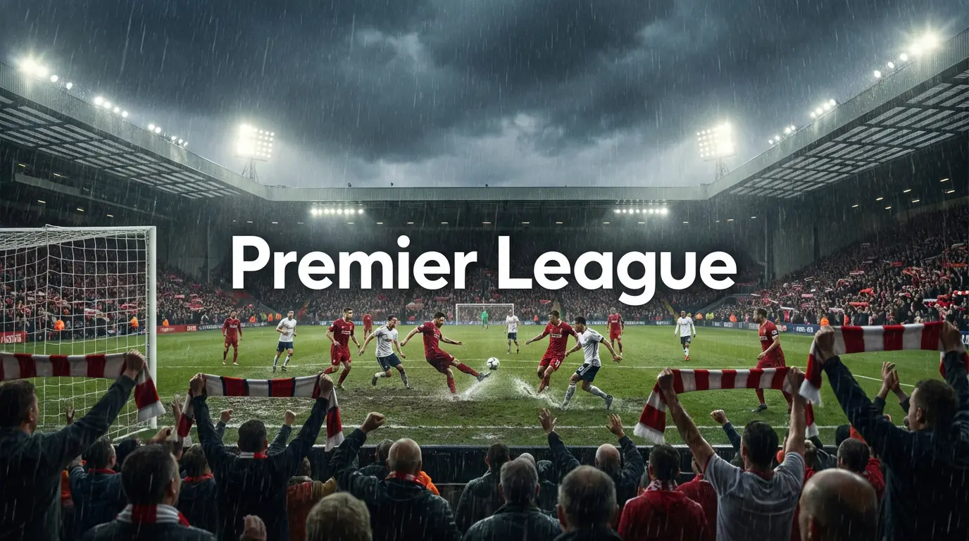 Estadio de fútbol inglés lleno de aficionados durante un partido de Premier League