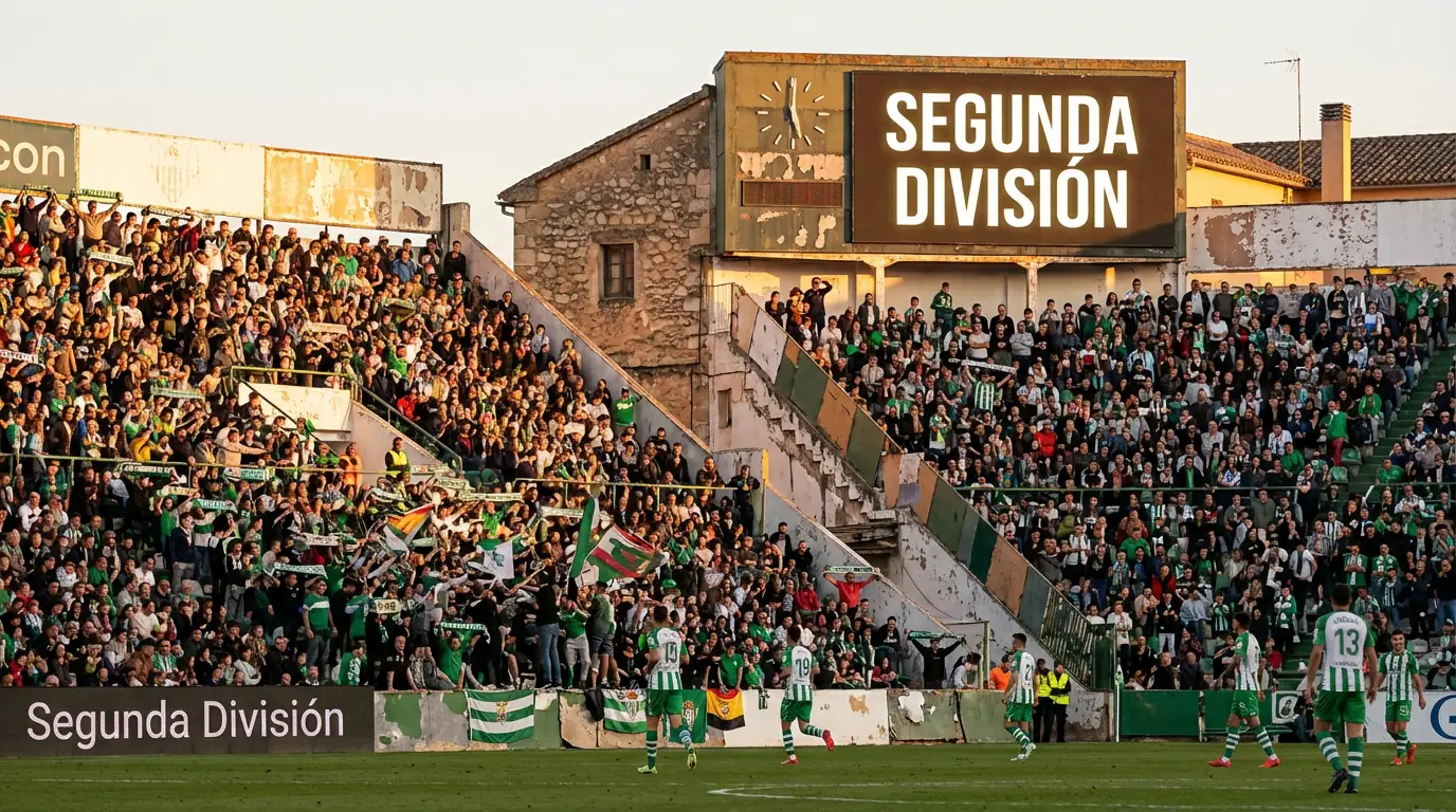 Estadio de fútbol de segunda división con ambiente cercano y aficionados locales