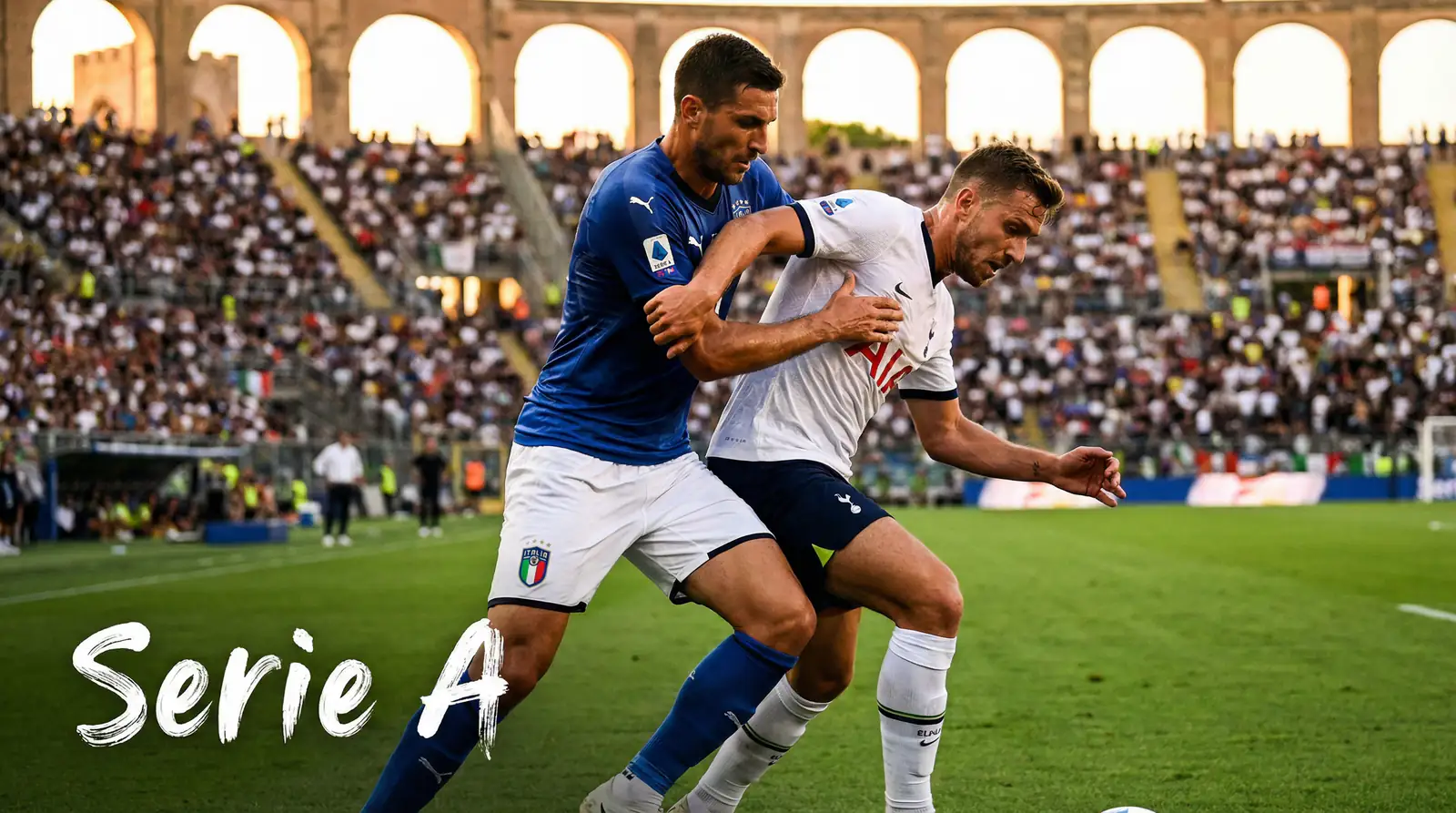 Defensa de fútbol italiano marcando de cerca a un delantero en un partido de Serie A