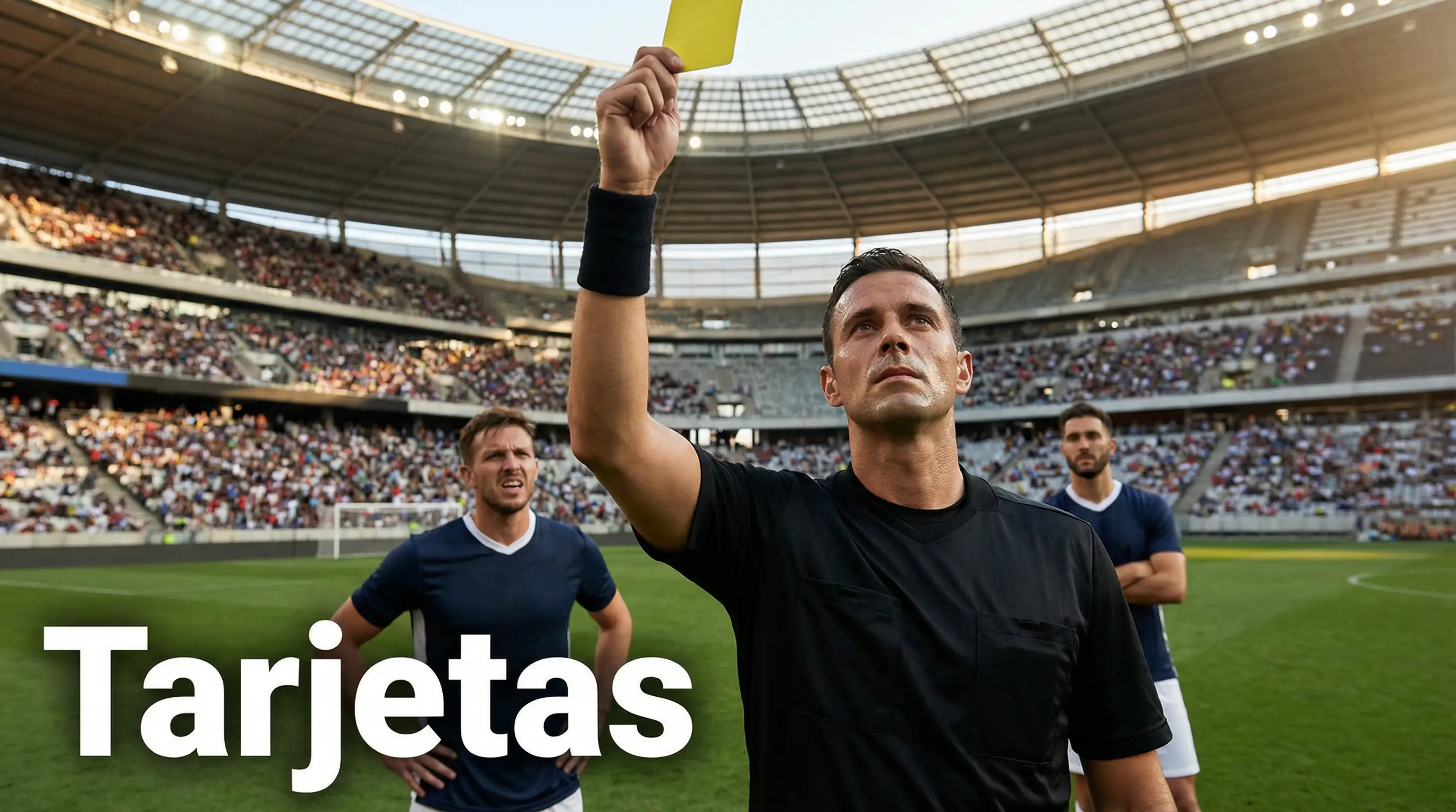 Árbitro de fútbol mostrando una tarjeta amarilla durante un partido profesional