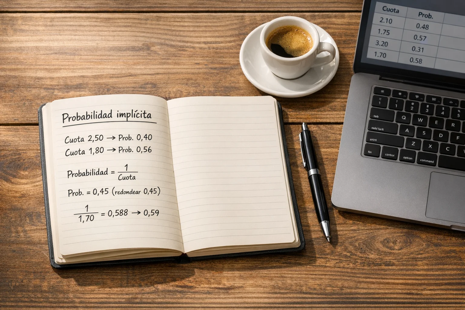 Persona analizando cuotas decimales de fútbol con anotaciones de probabilidad implícita