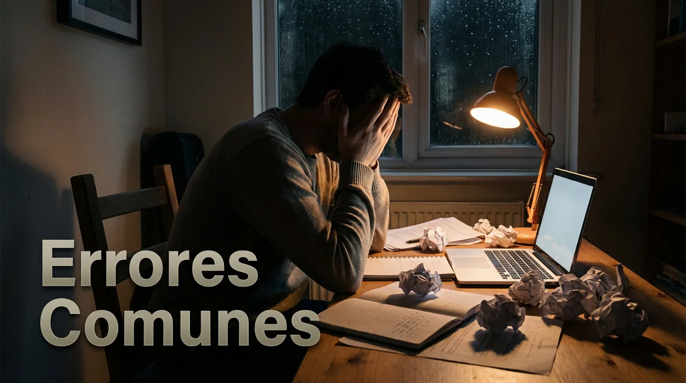 Persona frustrada con la cabeza entre las manos frente a un escritorio con papeles