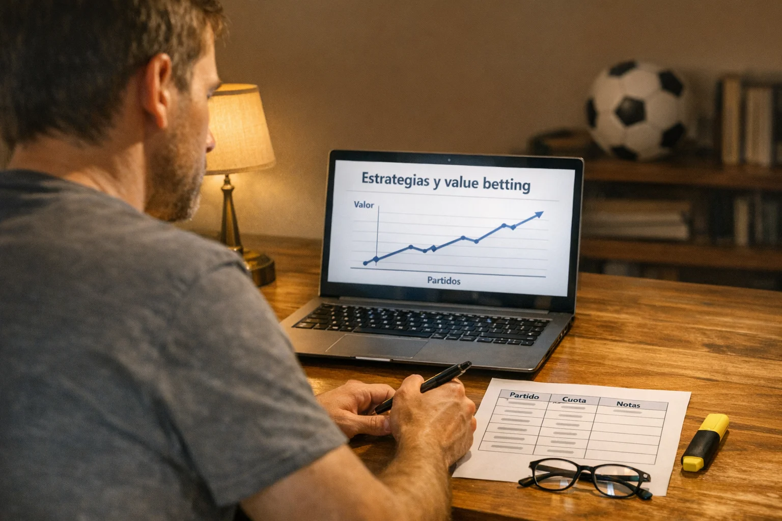 Analista revisando estadísticas de fútbol en portátil con gráfico de rendimiento de apuestas