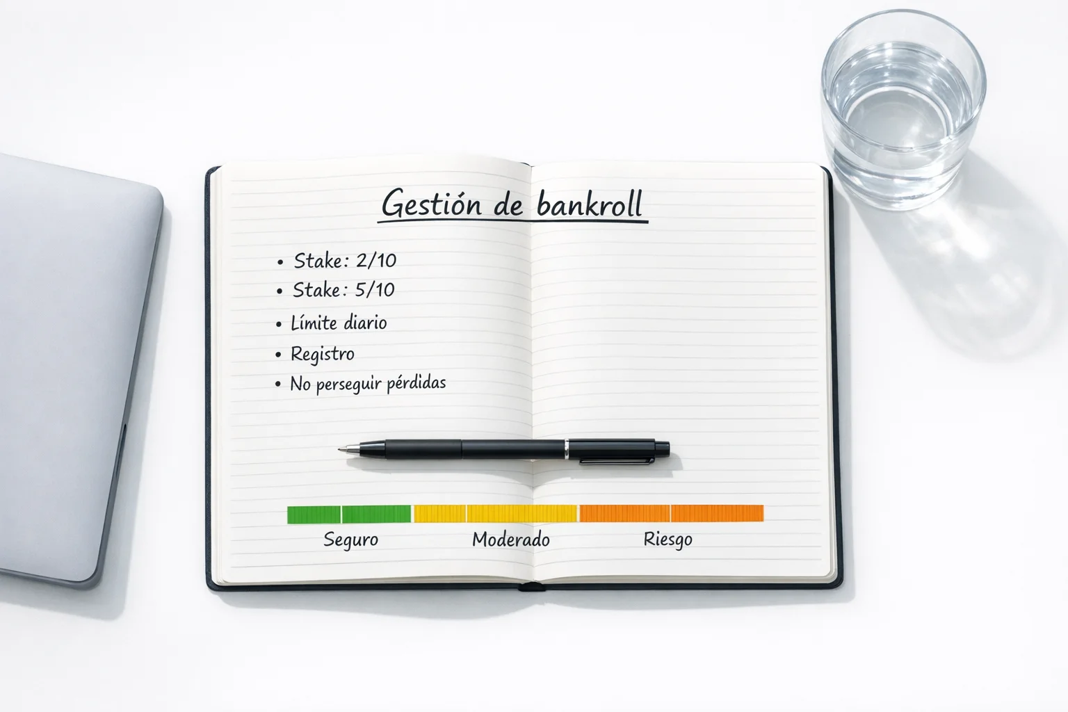Libreta con plan de gestión de bankroll y porcentajes de stake junto a bolígrafo