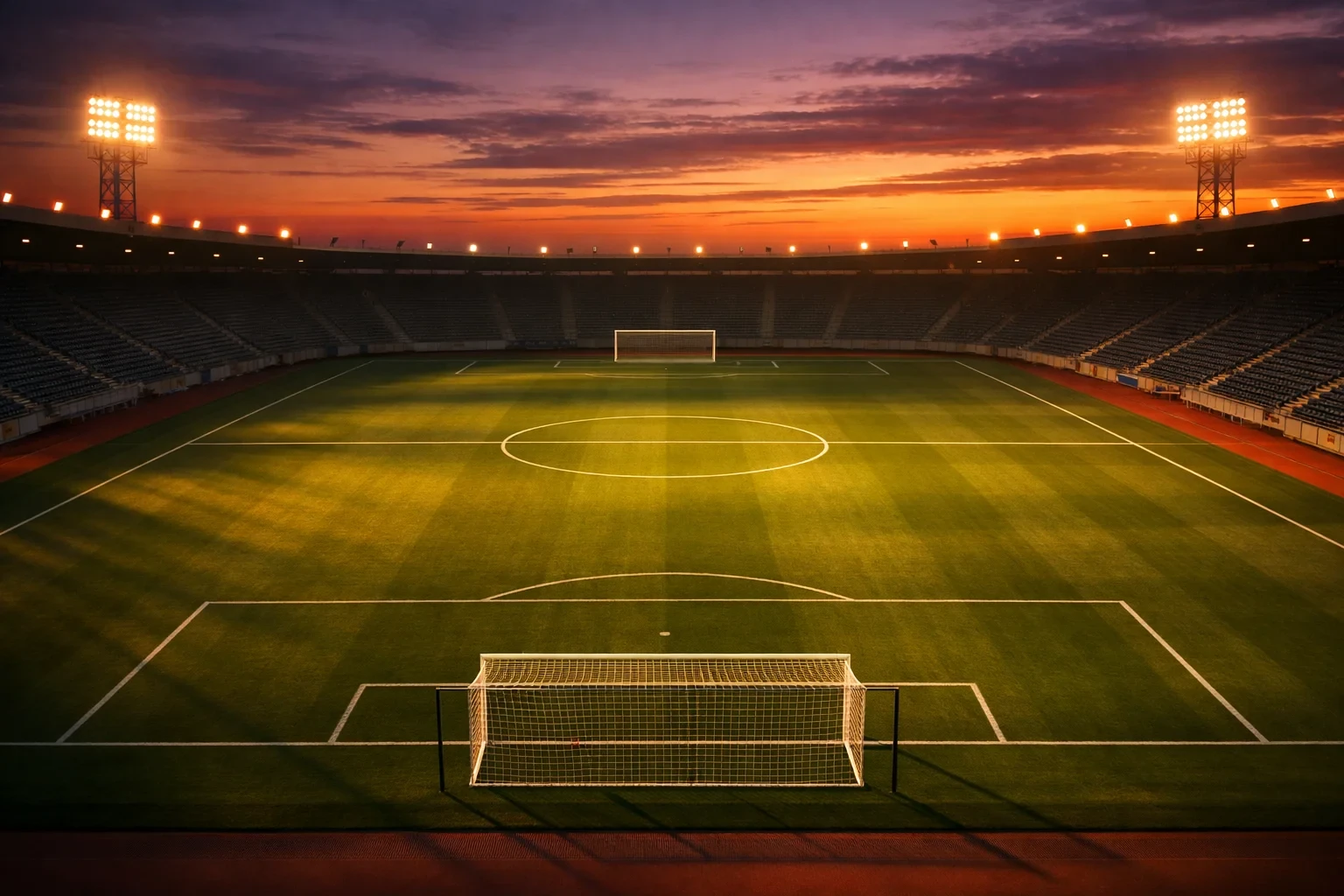 Campo de fútbol iluminado al atardecer con líneas de juego visibles desde vista cenital
