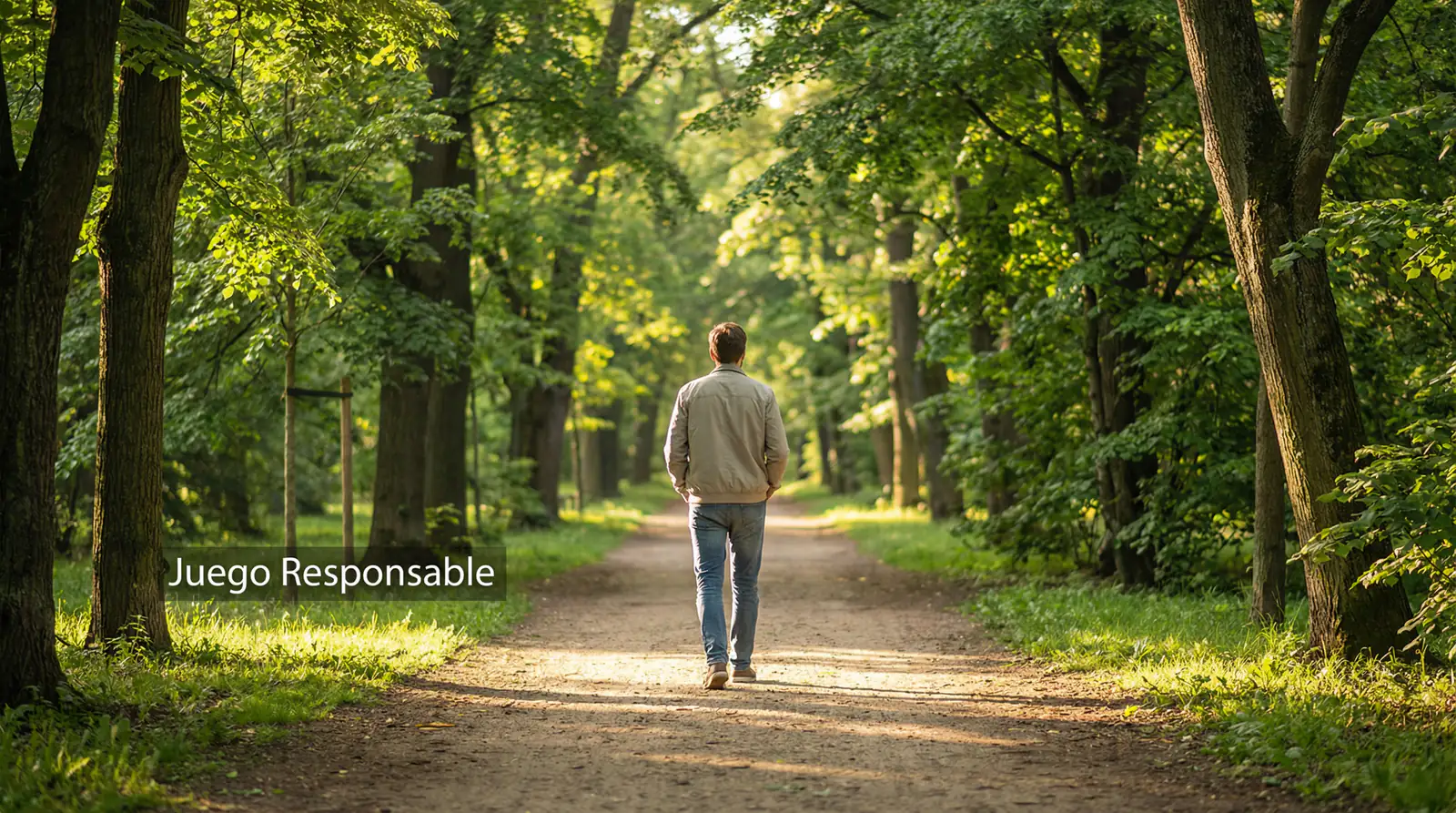 Persona caminando por un sendero iluminado rodeado de naturaleza en un día tranquilo