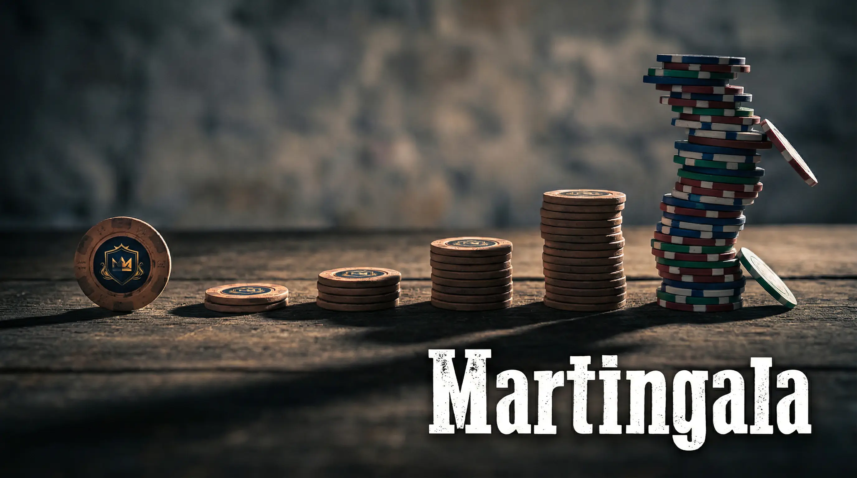 Escalera de fichas apiladas en orden creciente simbolizando la progresión Martingala